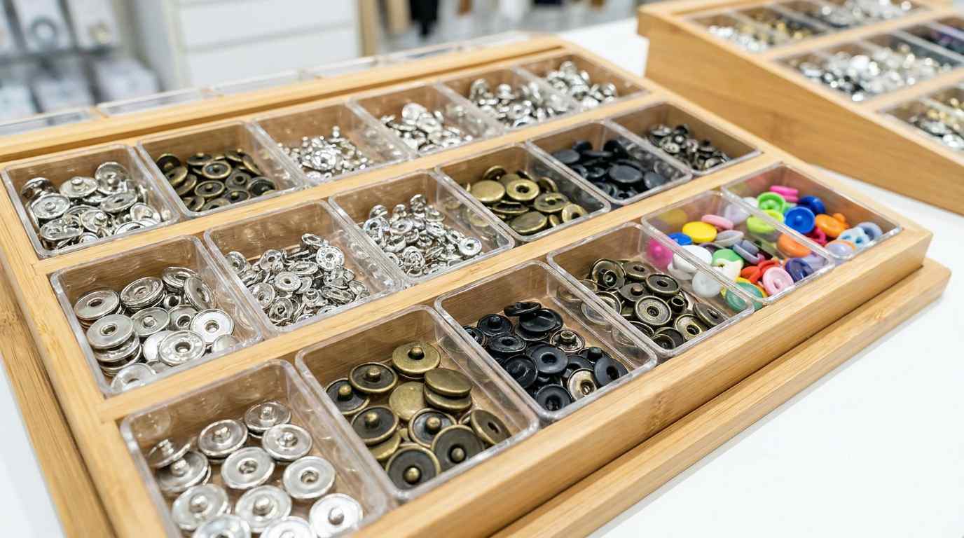 snap buttons for shirts, Snap buttons for shirts in assorted sizes, colors, and finishes are organized in divided wooden compartments.